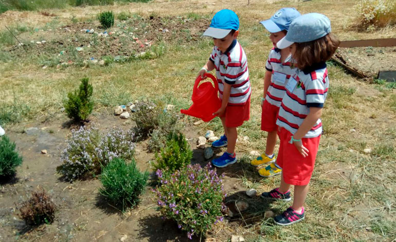 niños regando el huerto